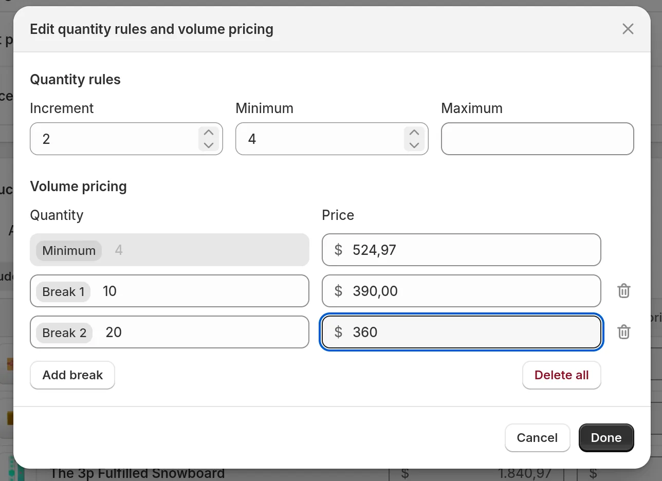 Volume pricing in the Shopify admin: minimum at 524.97 dollars, break 1 from 10 units at 390 dollars, break 2 from 20 units at 360 dollars