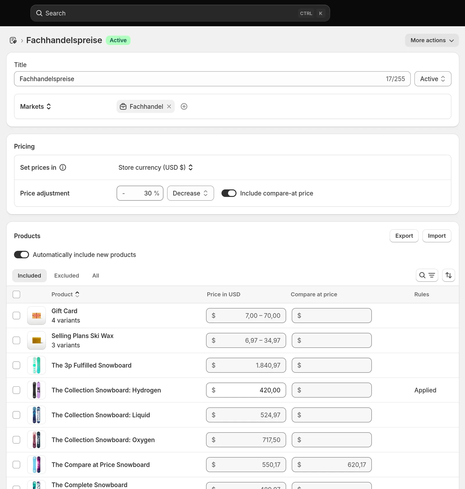 Finished B2B catalog in the Shopify admin with the assigned market, a 30 percent decrease and the product table showing a Rules column