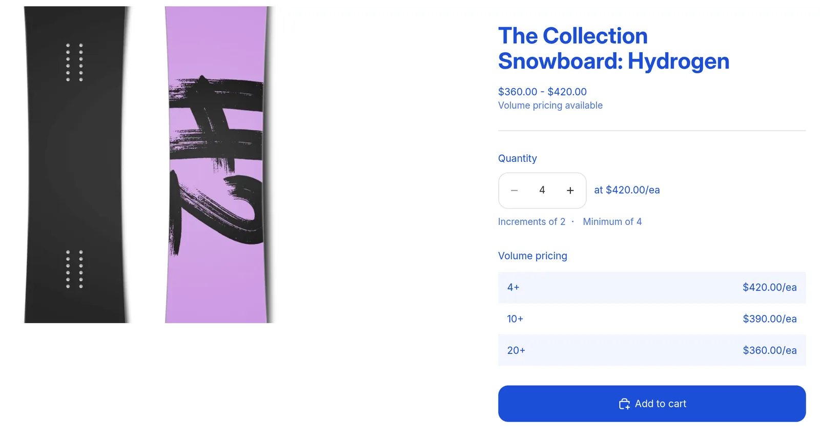Product page in the Horizon theme as a signed-in B2B customer: price range 360 to 420 dollars, increments of 2, minimum of 4, and a volume table with 4+, 10+ and 20+
